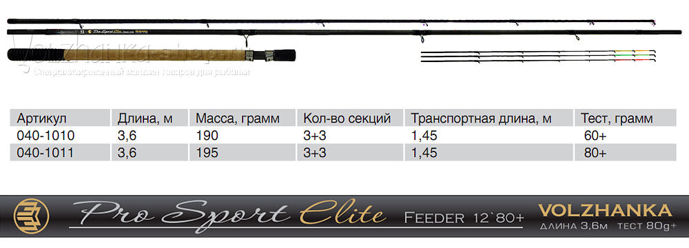 Удилище фидерное Волжанка Volzhanka Pro Sport Elit 12ft 80+ 3.6м (3секции+3) тест 80гр
